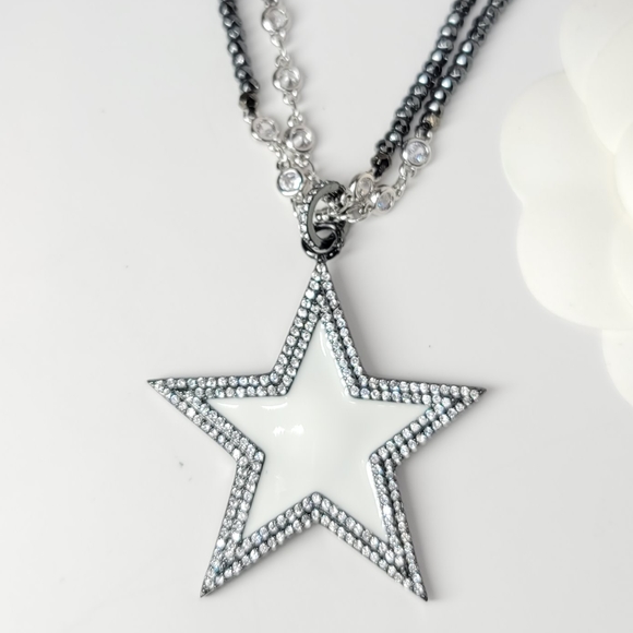 White Enamel Star Pave CZ long Hematite Necklace - Picture 3 of 11